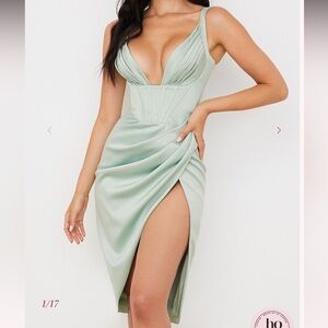 House of CB NWT Faye Pistachio Satin Corset Midi Dress Size Small